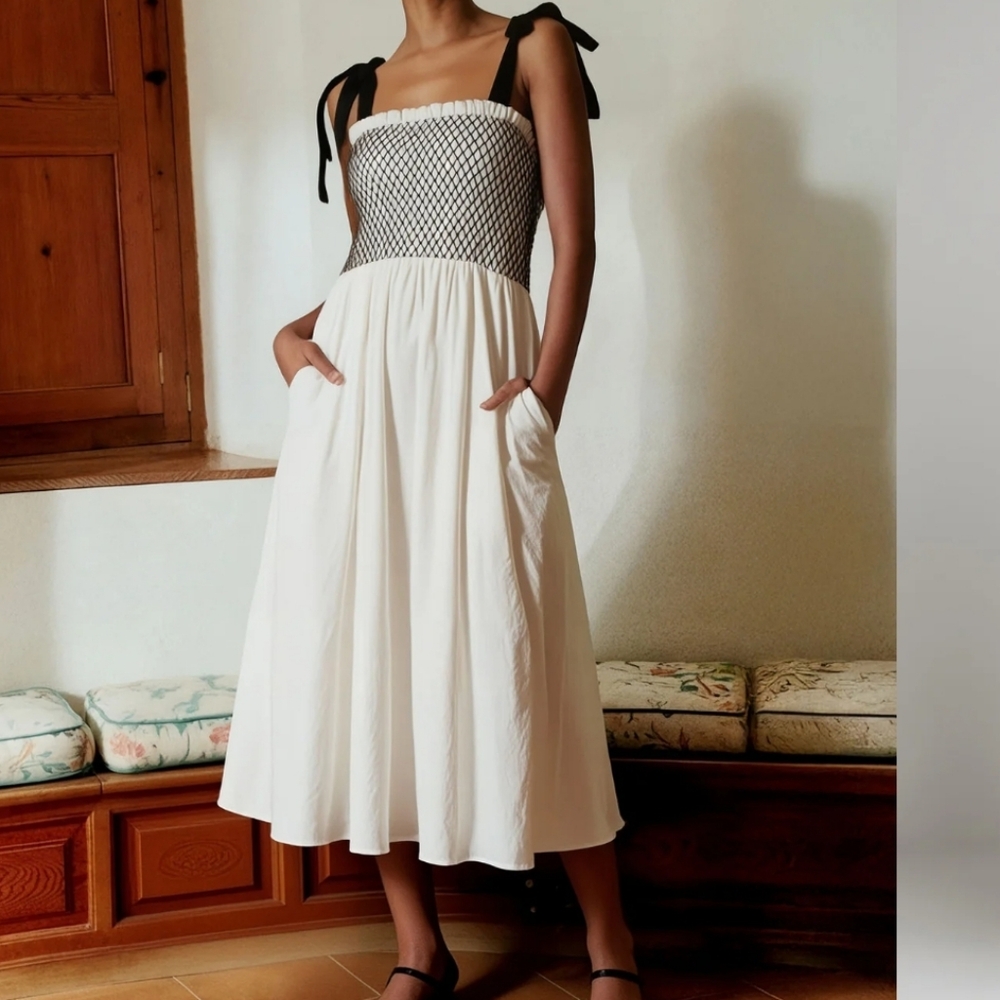 Timing Women's Smocked Tie Shoulder Fit & Flare White & Black Midi Dress - L